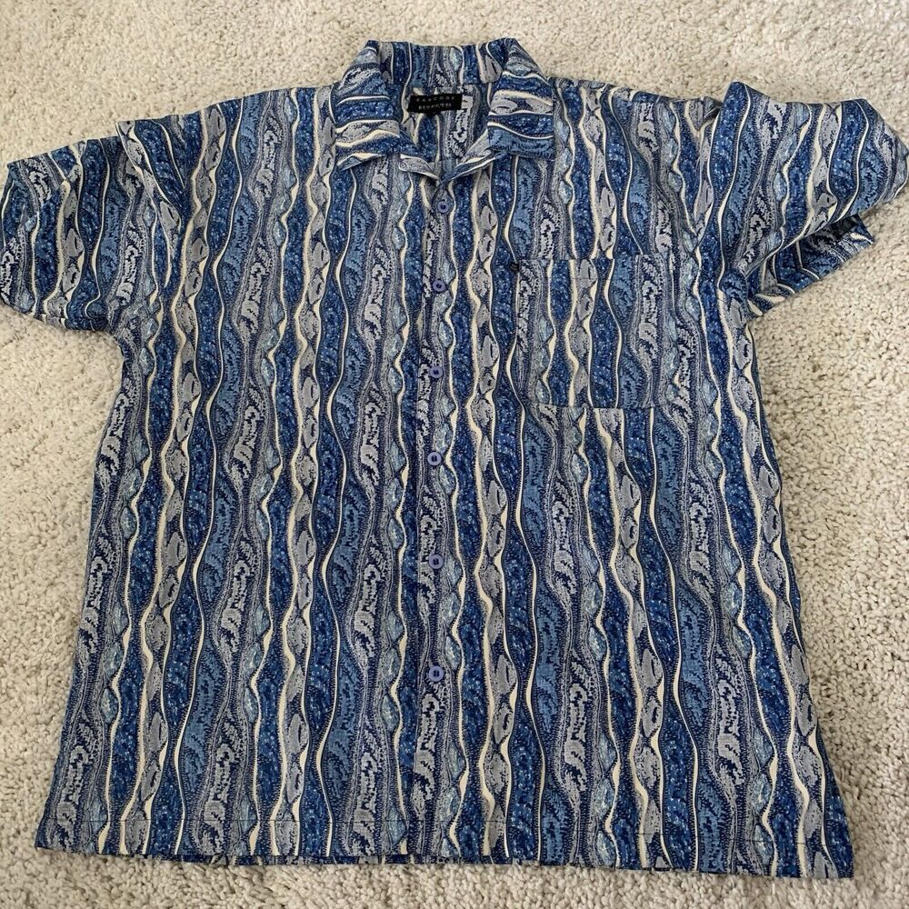 Vintage 90s Barcode Shirt Mens Medium Short Sleeve Blue Striped Camp Hawaiian